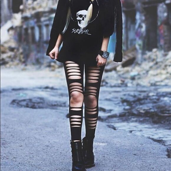 NASTY GAL HIGH WAIST LASER SHREDDED RIPPED LEGGINGS IN BLACK SIZE XS, S, M, L - Picture 6 of 7